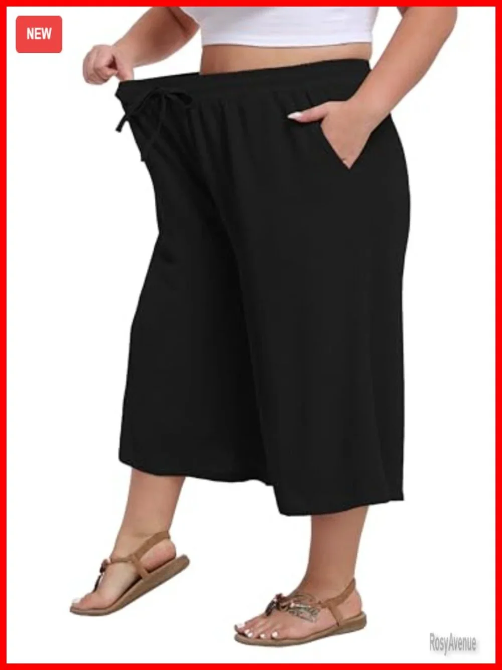 Plus Size Wide Leg Capri Pants Loose Lounge Cropped Culottes with Pockets